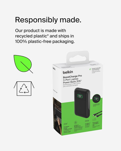 Belkin BoostCharge Batterie Externe 3 Ports pour Ordinateur Portable (20K, Ports USB-C et USB-A, USB-C Power Delivery, pour MacBook, iPhone 16 (Tous modèles), iPad Pro, Galaxy S24, etc., Noir