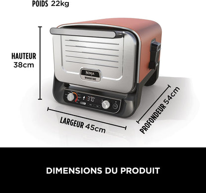 Ninja Woodfire Four à pizza extérieur électrique 8-en-1, rotissoire & fumoir barbecue avec grille, plaque pro-heat, pierre à pizza, granulés de bois et pelle, 6 réglages, orange foncé OO101EU