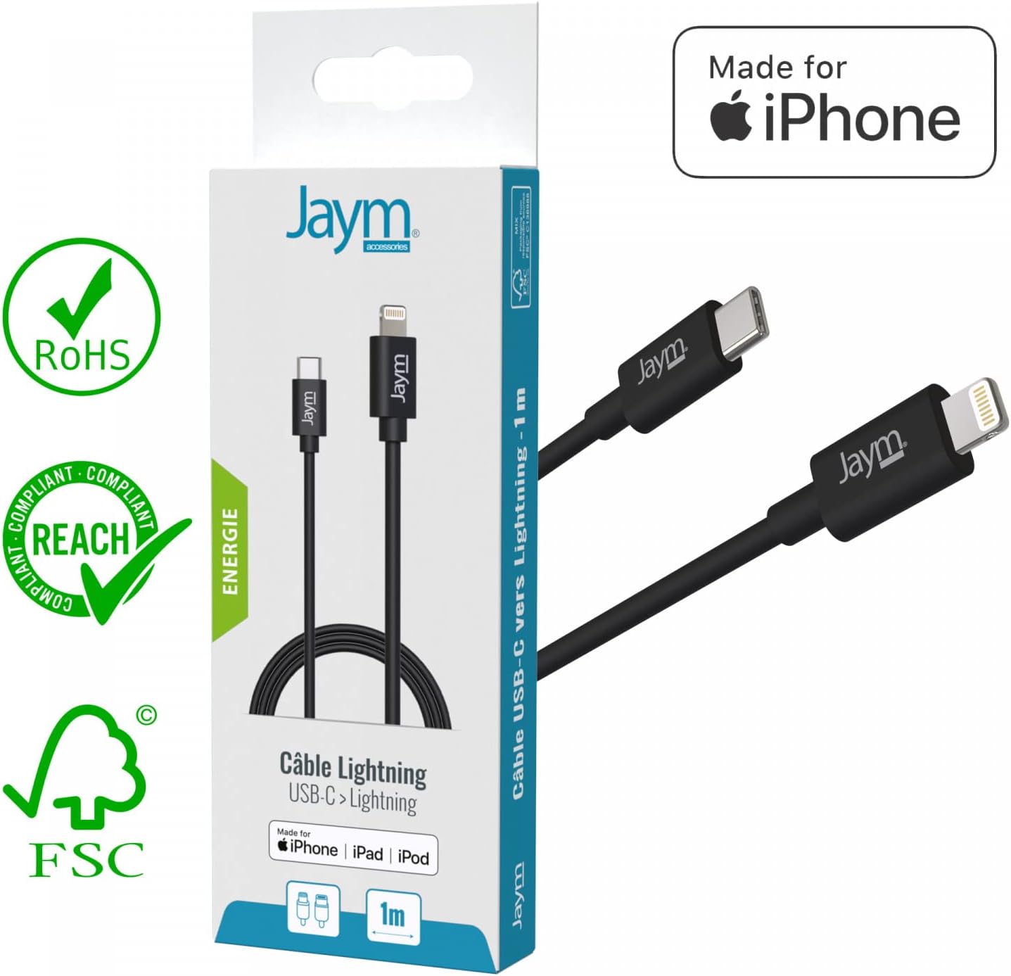 JAYM Câble USB C 1M - Charge Rapide [Certifié MFi] pour iPhone 14/13/13PRO/12/12 Pro Max/12 Mini/11/11PRO/XS/XR/X/8/8Plus/iPad