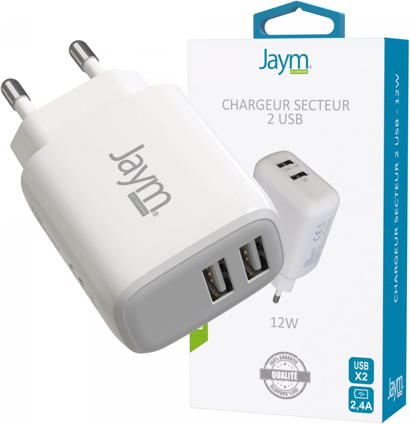JAYM Chargeur iPhone/MacBook/iPad Pro/Samsung/Google/Android - Chargeur Rapide 12W - Chargeur USB-C - Chargeur Ultra Rapide 2.4A - Chargeur 2 Prises USB