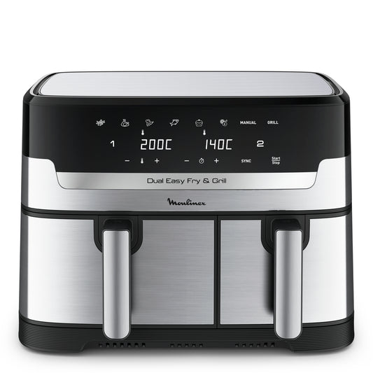 Moulinex Dual Easy Fry EZ905D20 friteuse Double 8,3 L Autonome 2450 W Friteuse d’air chaud Noir, Acier inoxydable