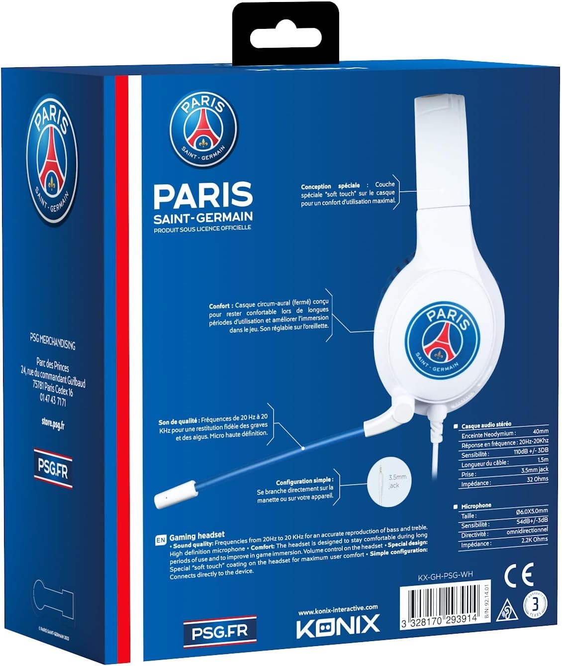 Konix PSG Casque Gaming Filaire pour PC, PS4, PS5, Switch, Xbox One et Series X|S - Microphone 45° - Câble 1,5 m - Prise Jack 3,5 mm - Blanc et Bleu