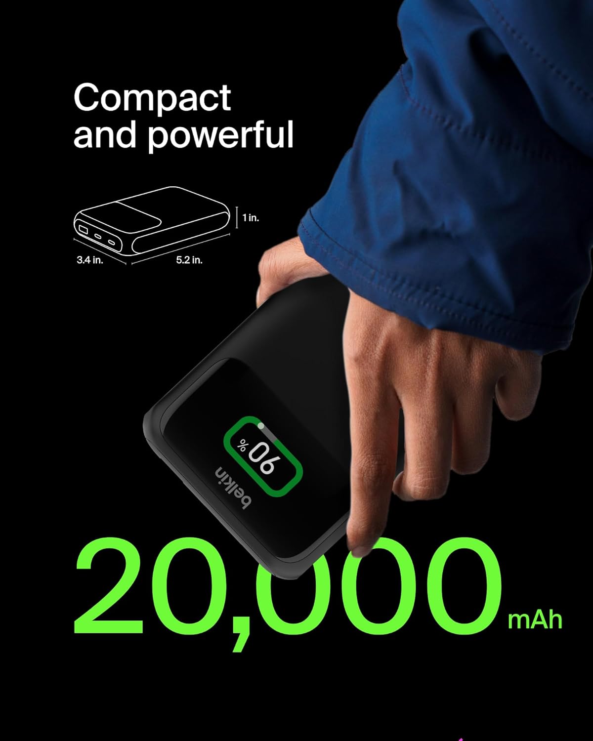 Belkin BoostCharge Batterie Externe 3 Ports pour Ordinateur Portable (20K, Ports USB-C et USB-A, USB-C Power Delivery, pour MacBook, iPhone 16 (Tous modèles), iPad Pro, Galaxy S24, etc., Noir