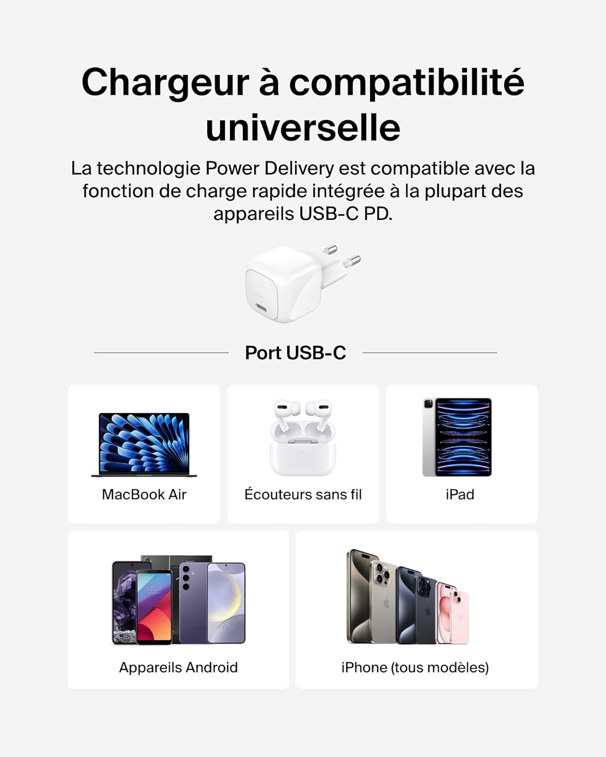 Belkin Chargeur Secteur Compact BoostCharge 30 W (USB-C Power Delivery, Recharge Rapide pour Apple iPhone, Samsung Galaxy, iPad, AirPods, tablettes, etc., câble USB-C vers C Inclus, Blanc)