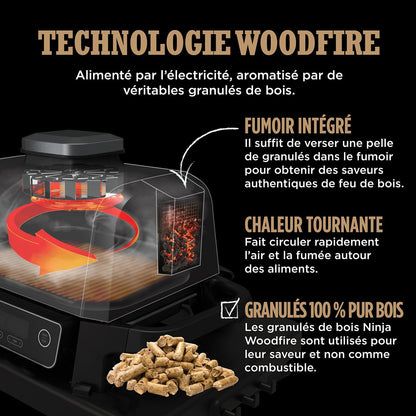 Ninja Woodfire barbecue électrique, grill, fumoir & air fryer, barbecue extérieur 7 en 1, grill, air fryer, fumer, rôtir, four, résistant aux intempéries, antiadhésif, portatif, gris/noir OG701EU