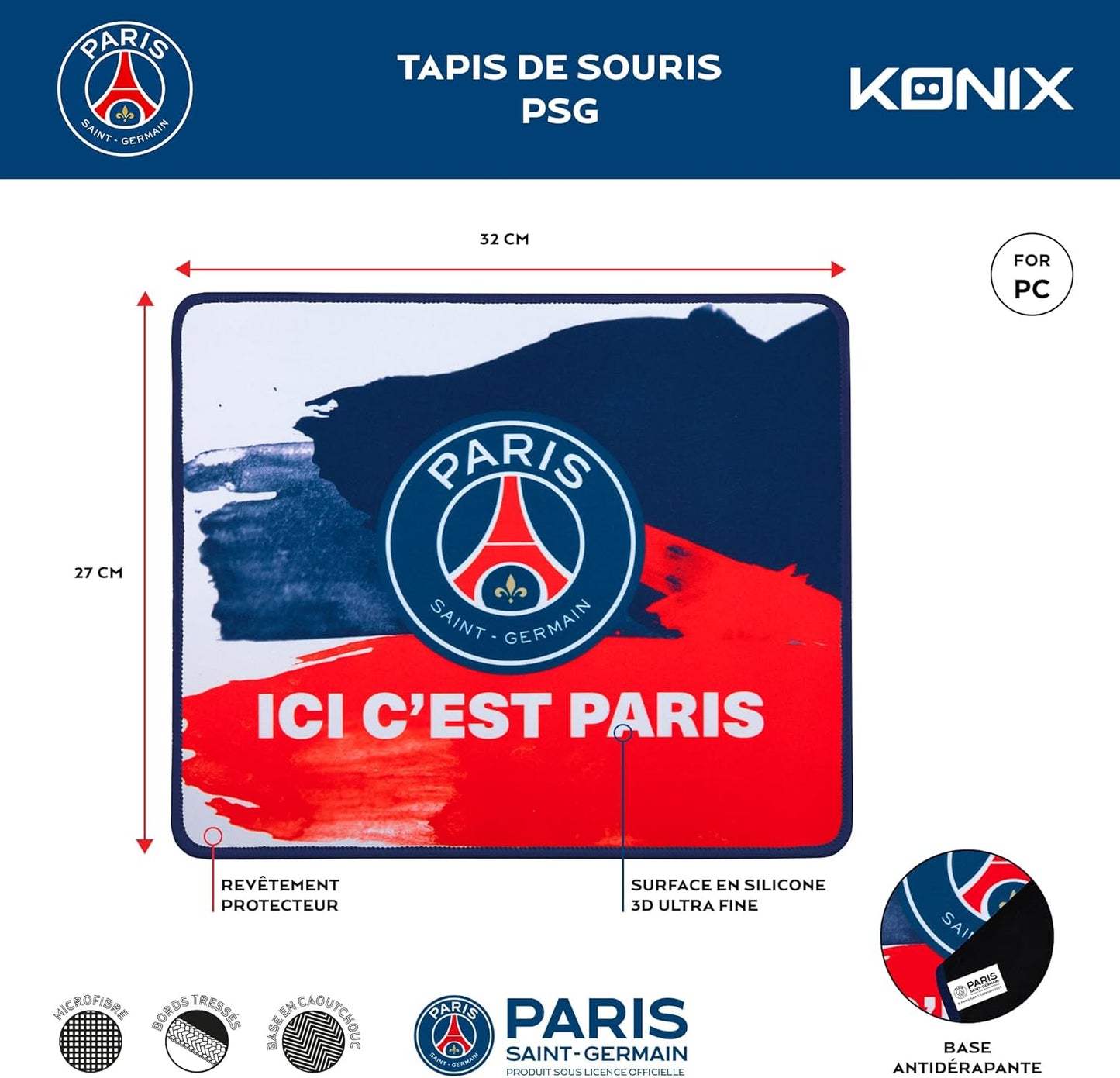 Konix PSG Tapis de Souris Gaming 32 x 27 cm - Surface en Silicone 3D Ultra Fine - Base antidérapante - Motif Ici C'est Paris
