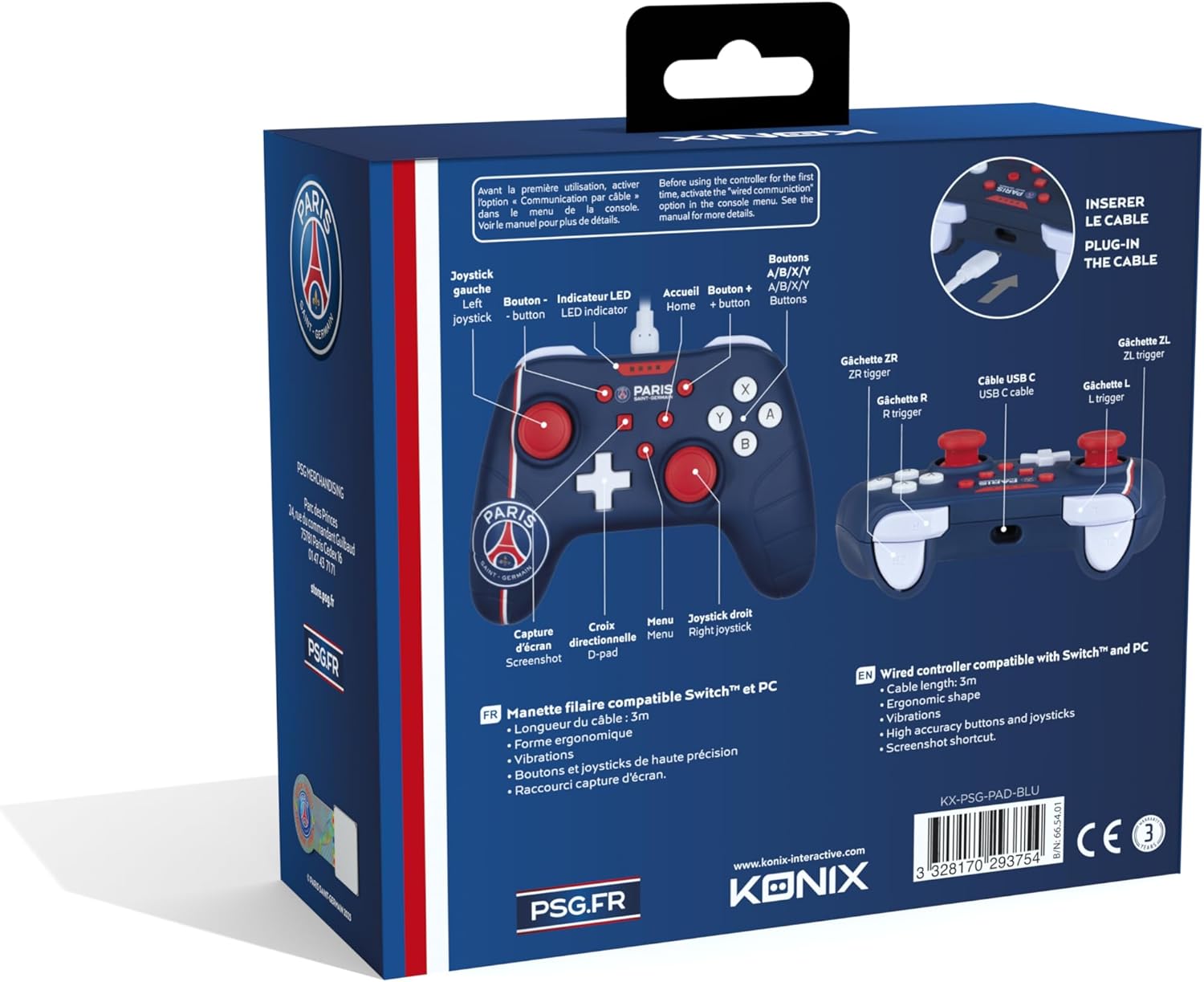 Konix PSG Manette filaire pour Nintendo Switch, Switch OLED et PC - Fonction vibration - Câble 3 m - Bleu, blanc et rouge