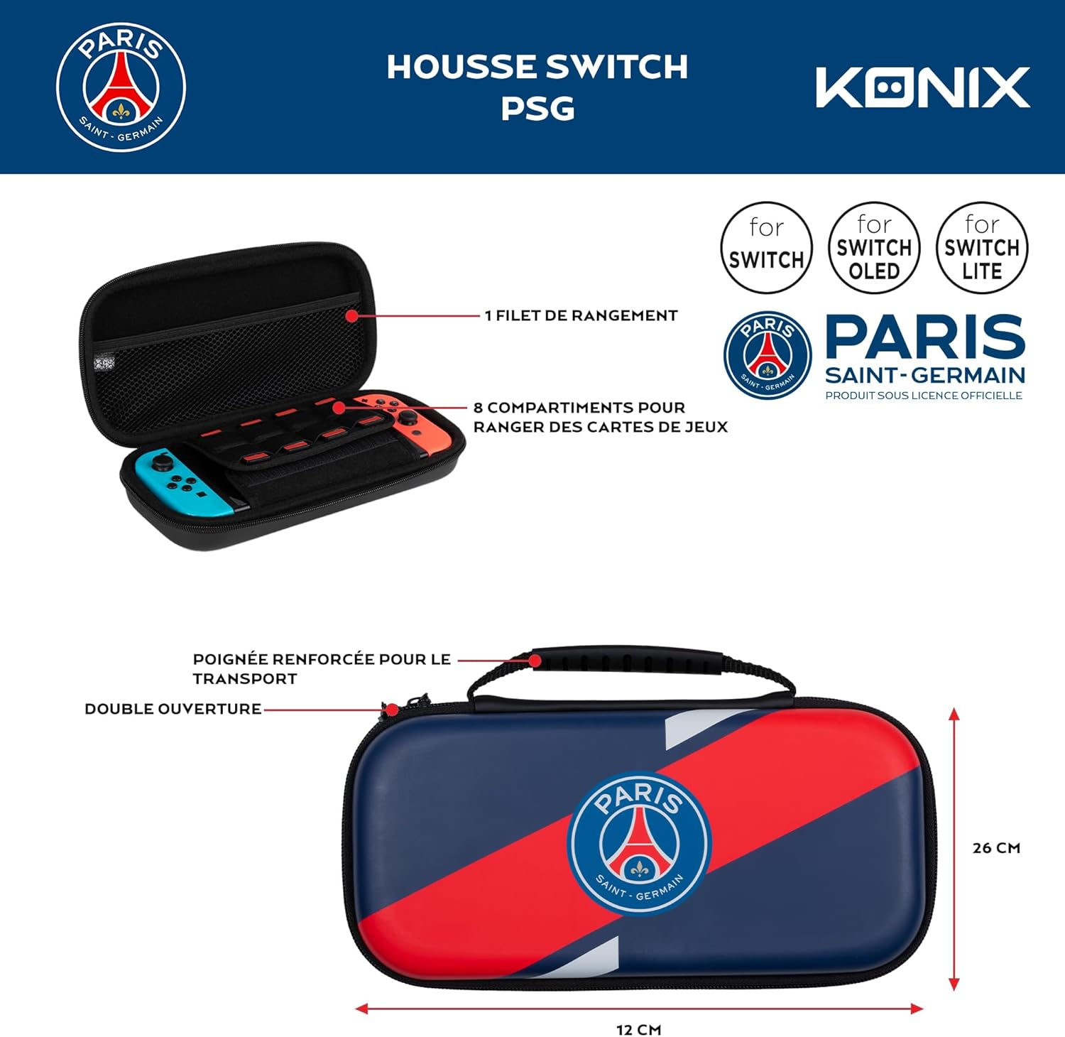Konix PSG Housse de Protection et Transport pour Consoles Nintendo Switch, Switch Lite et Switch OLED - Rangement 8 Jeux - Bleu Marine et Rouge