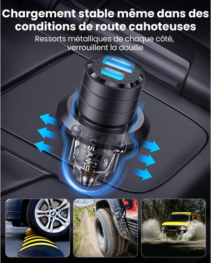 Chargeur Voiture Ultra-Rapide 95w : USB-C PD 65W + USB-A QC 30W - Noir - USAMS