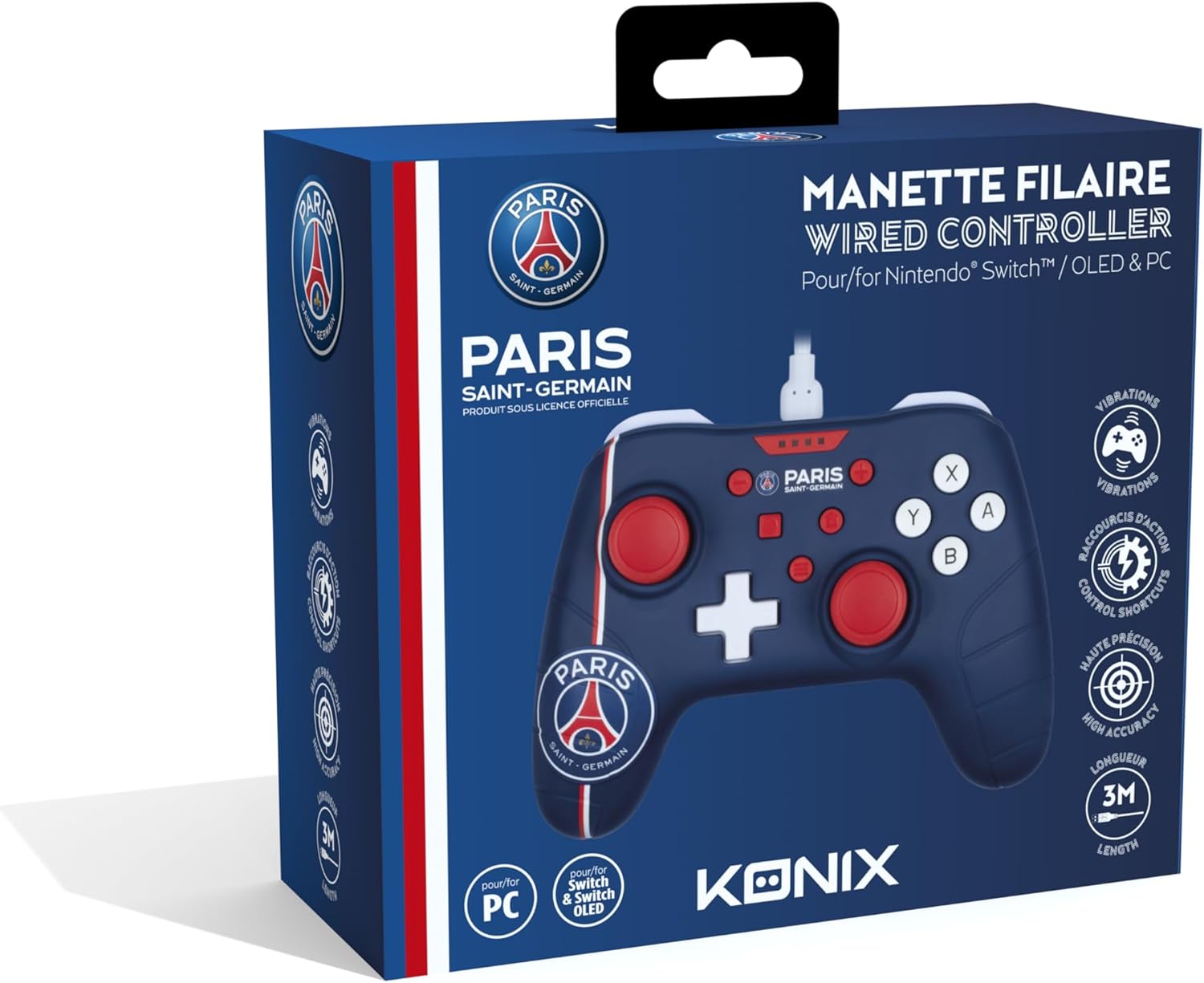 Konix PSG Manette filaire pour Nintendo Switch, Switch OLED et PC - Fonction vibration - Câble 3 m - Bleu, blanc et rouge