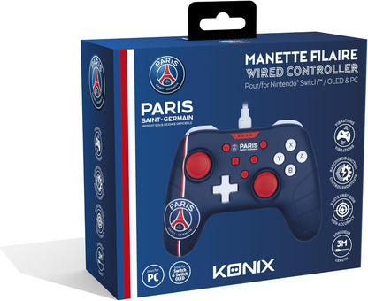 Konix PSG Manette filaire pour Nintendo Switch, Switch OLED et PC - Fonction vibration - Câble 3 m - Bleu, blanc et rouge