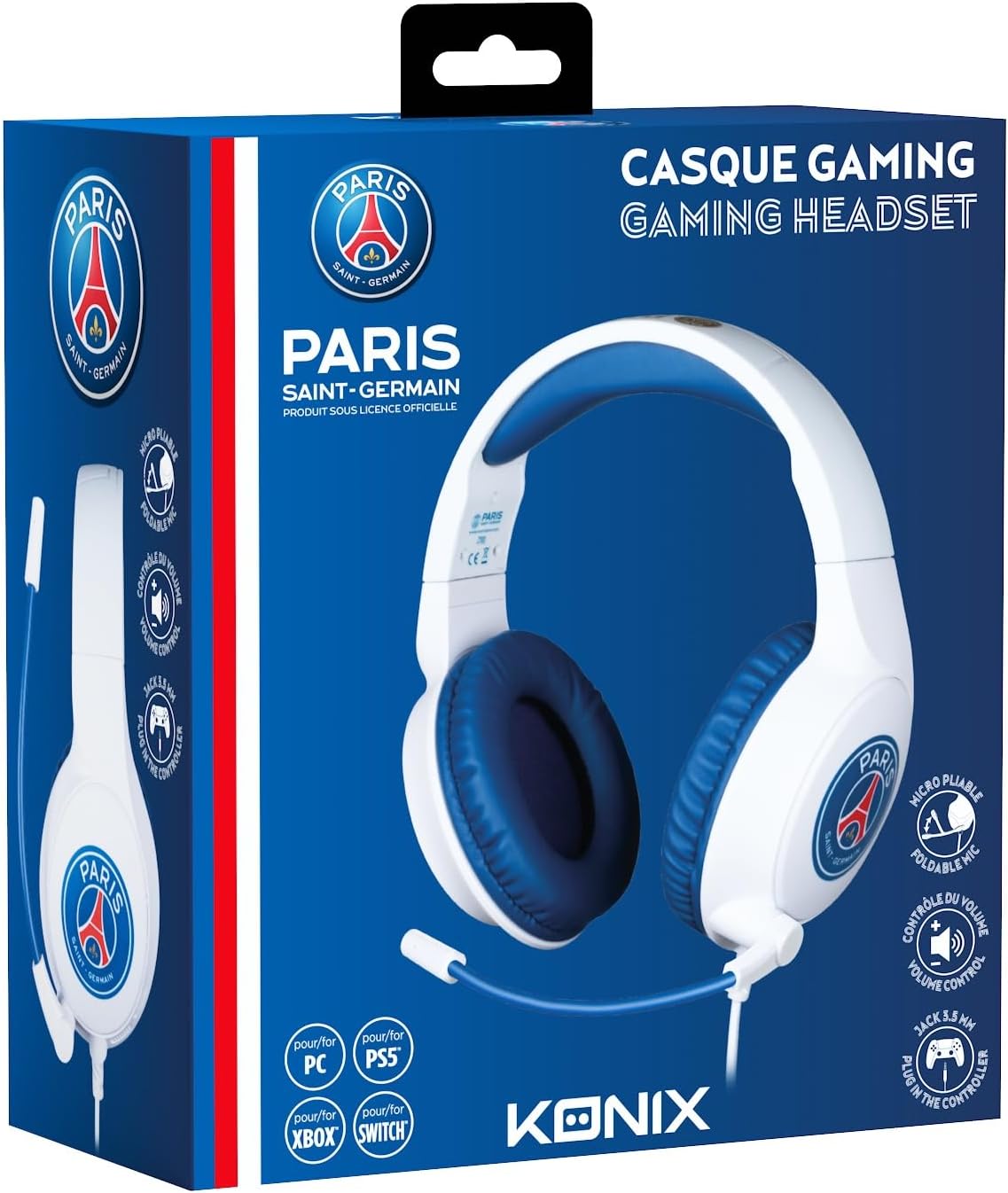 Konix PSG Casque Gaming Filaire pour PC, PS4, PS5, Switch, Xbox One et Series X|S - Microphone 45° - Câble 1,5 m - Prise Jack 3,5 mm - Blanc et Bleu