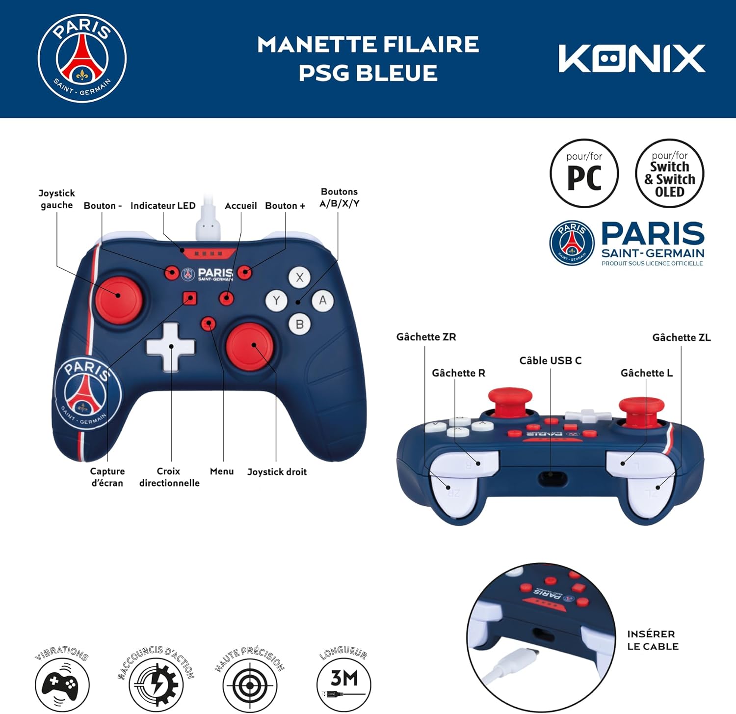 Konix PSG Manette filaire pour Nintendo Switch, Switch OLED et PC - Fonction vibration - Câble 3 m - Bleu, blanc et rouge