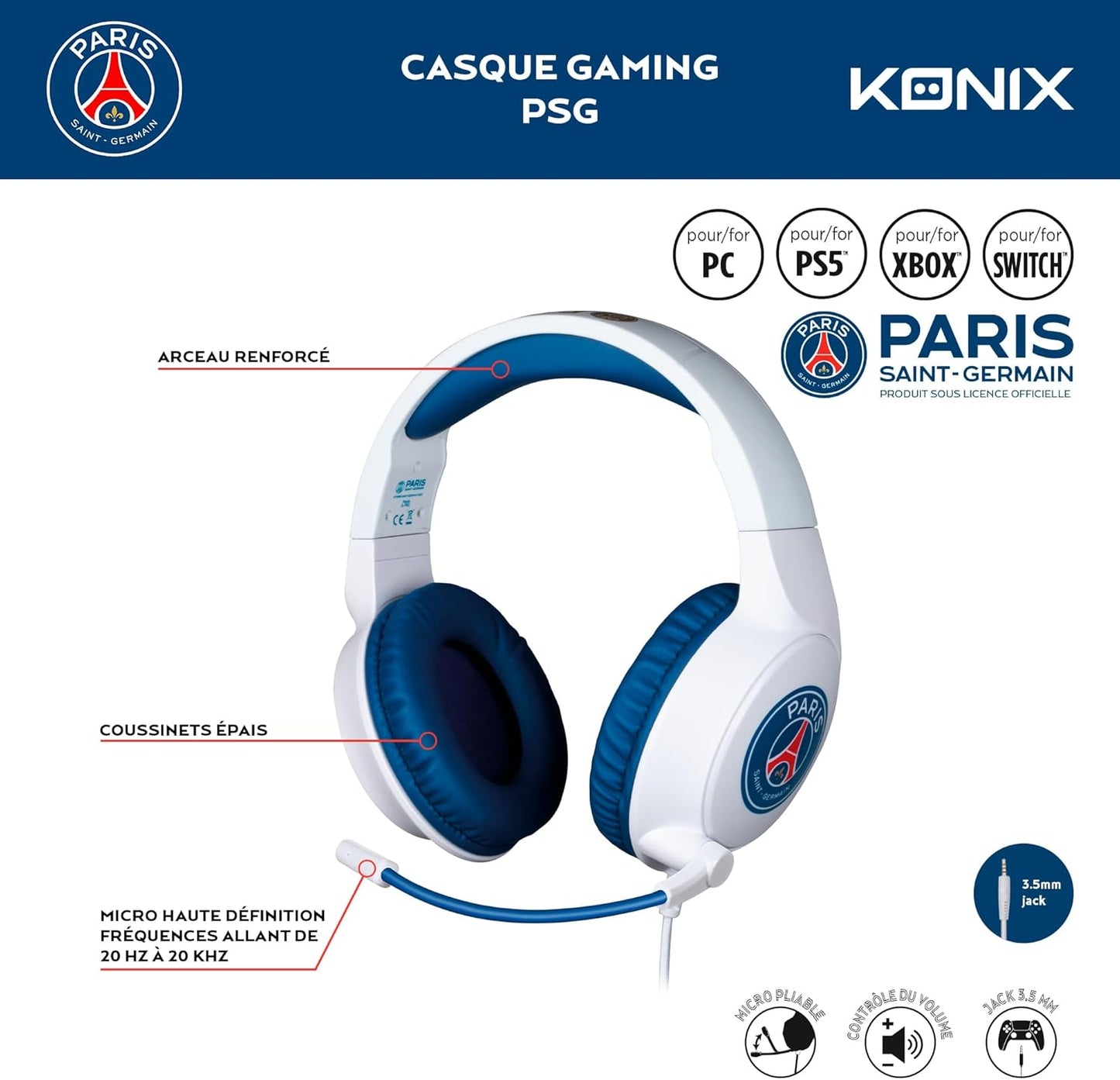 Konix PSG Casque Gaming Filaire pour PC, PS4, PS5, Switch, Xbox One et Series X|S - Microphone 45° - Câble 1,5 m - Prise Jack 3,5 mm - Blanc et Bleu