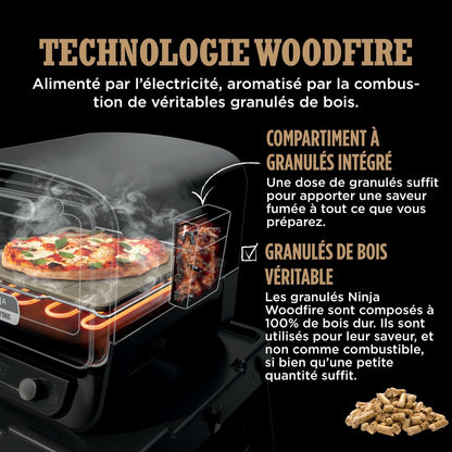 Ninja Woodfire Four à pizza extérieur électrique 8-en-1, rotissoire & fumoir barbecue avec grille, plaque pro-heat, pierre à pizza, granulés de bois et pelle, 6 réglages, orange foncé OO101EU