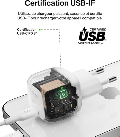 Belkin Chargeur Secteur Compact BoostCharge 30 W (USB-C Power Delivery, Recharge Rapide pour Apple iPhone, Samsung Galaxy, iPad, AirPods, tablettes, etc., câble USB-C vers C Inclus, Blanc)