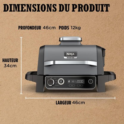 Ninja Woodfire barbecue électrique, grill, fumoir & air fryer, barbecue extérieur 7 en 1, grill, air fryer, fumer, rôtir, four, résistant aux intempéries, antiadhésif, portatif, gris/noir OG701EU