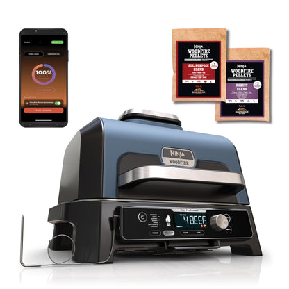 Ninja Woodfire barbecue électrique, grill, fumoir & air fryer, barbecue extérieur 7 en 1, grill, air fryer, fumer, rôtir, four, résistant aux intempéries, antiadhésif, portatif, gris/noir OG701EU
